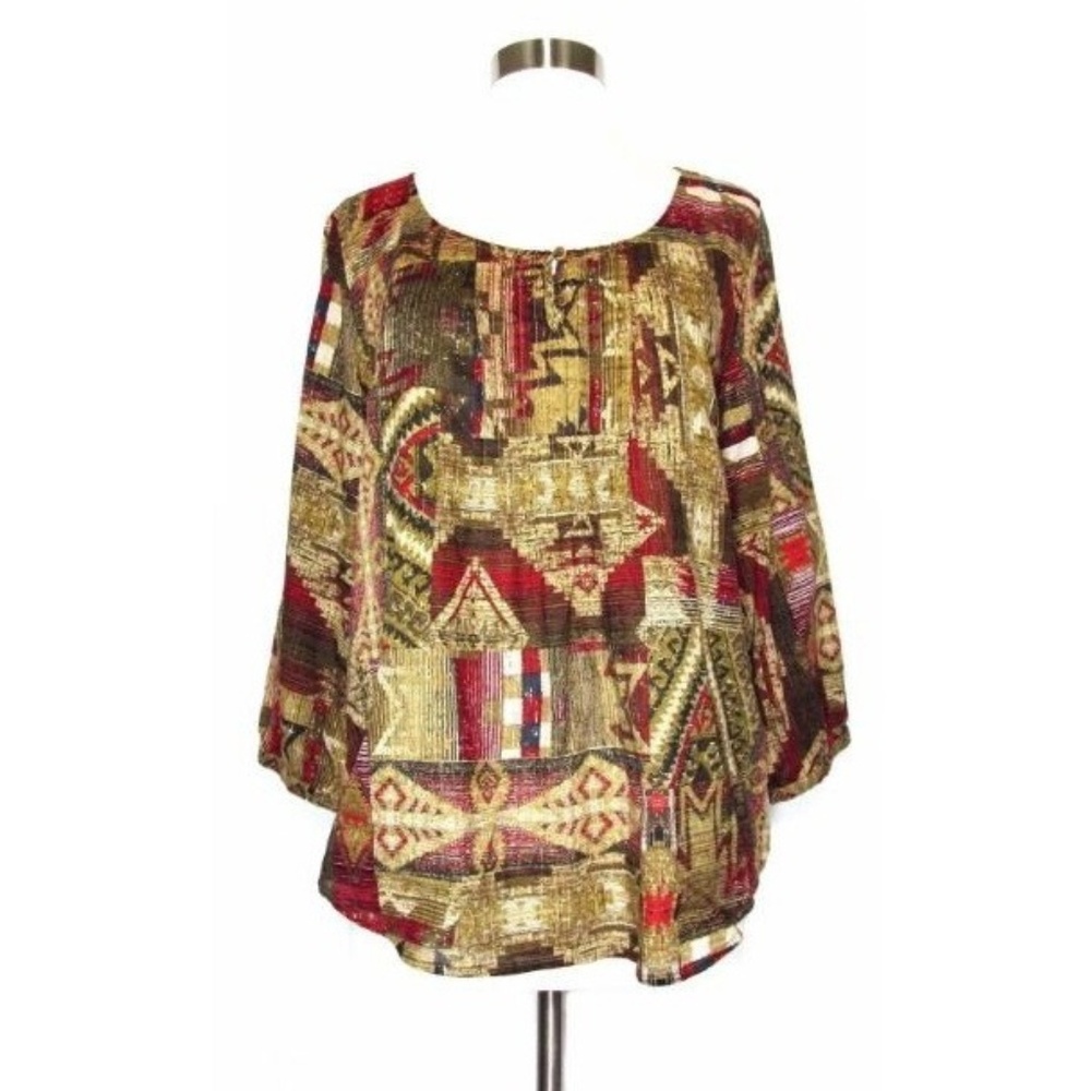 LRL LAUREN Blouse Peasant Top Southwestern Print M